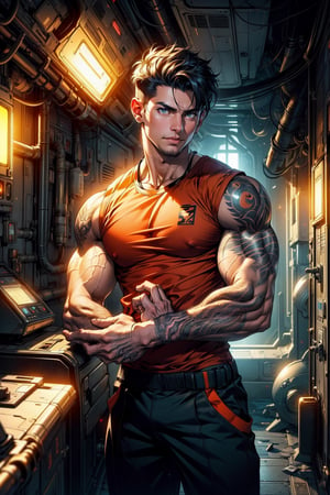 (masterpiece, best quality, ultra-detailed), (perfect hands, perfect anatomy), High detailed, detailed background, anatomically correct, beautiful face, detailed hands, perfect eyes, expressive eyes, score_9, score_8_up, score_7_up, best quality, masterpiece, 4k, 
A young martian soldier from TV show "The Expanse", wearing trousers and orange t-shirt, Front view, short_hair, aesthetic_Hair, black_hair, Tatoos on arms, tatoo on neck, 