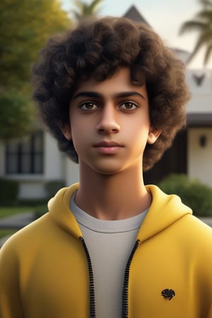 A photorealistic portrait of an 18-year-old Indian boy with fair white skin, curly hair, and deep black eyes, dressed in a casual yellow sweatshirt. Standing in front of a luxurious home, the focus is on his face and overall appearance. The image should be high detailed, 8k HDR, with soft lighting highlighting his features