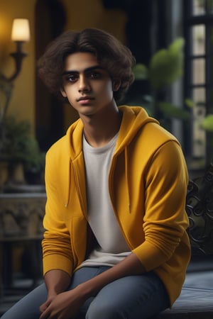 A photorealistic portrait of a 18-year-old Indian male with fair white skin, curly hair, and black eyes, donning a stylish yellow sweatshirt in a casual fashion. The background features a magnificent luxury home setting that enhances the overall aesthetic of the image. The focus is on capturing the realism and authenticity of the model's appearance, with high attention to detail and quality in the image rendering.