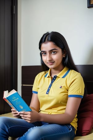 A photorealistic portrait of a youthful 18-year-old Indian female with white skin, captivating blue eyes, and sleek black hair. She is stylishly dressed in a comfortable yellow polo t-shirt and jeans, enjoying reading novel at her room. The image should be high-quality, detailed, full-body shot, capturing her in a candid moment with a relaxed, friendly expression, under warm, inviting indoor lighting.