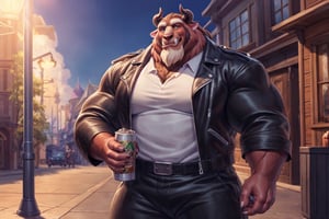 big chest, biker jacket, white polo shirt, Brown jacket, hairy chest, black motorcycle, navy blue pants, black belt, big body, big size muscles, huge pecs, large body, drinking a can of beer, flexing his body, At a street, full body, hard blush, white fur, dark fur, red fur, indoors, (smirk), horns, full body, wolf legs, (by adios, by null-ghost), (photorealistic, hyper realistic, ultra detailed, ultra detailed background octane render, soft lighting, ultra detailed), best quality, good quality, beast (/disney/), soft lighting, ultra detailed), best quality, good quality, beast (/disney/),anthro,furry,photography, 8k, hi res,furry girl