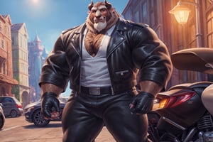 big chest, biker jacket, white polo shirt, dark brown jacket, hairy chest, dark gray fighting gloves, a motorcycle behind him, black motorcycle, navy blue pants, black belt, big body, big size muscles, huge pecs, large body, drinking a can of beer, flexing his body, At a street, full body, hard blush, white fur, dark fur, red fur, indoors, (smirk), horns, full body, wolf legs, (by adios, by null-ghost), (photorealistic, hyper realistic, ultra detailed, ultra detailed background octane render, soft lighting, ultra detailed), best quality, good quality, beast (/disney/), soft lighting, ultra detailed), best quality, good quality, beast (/disney/),anthro,furry,photography, 8k, hi res,furry girl