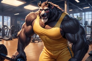 big chest, Navy blue tank tops mens, Navy blue and yellow color gym clothes, yellow gym pants whit a blue line, black gym gloves, big body, big size muscles, huge pecs, large body, flexing his arm, At a gym, full body, hard blush, white fur, dark fur, dark red fur, indoors, (friendly smile), horns, full body, wolf legs, (by adios, by null-ghost), (photorealistic, hyper realistic, ultra detailed, ultra detailed background octane render, soft lighting, ultra detailed), best quality, good quality, beast (/disney/), soft lighting, ultra detailed), best quality, good quality, beast (/disney/),anthro,furry,photography, 8k, hi res,furry girl