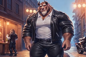 big chest, biker jacket, white polo shirt, dark brown jacket, hairy chest, dark gray fighting gloves, a motorcycle behind him, black motorcycle, navy blue pants, black belt, big body, big size muscles, huge pecs, large body, drinking a can of beer, flexing his body, At a street, full body, hard blush, white fur, dark fur, red fur, indoors, (smirk), horns, full body, wolf legs, (by adios, by null-ghost), (photorealistic, hyper realistic, ultra detailed, ultra detailed background octane render, soft lighting, ultra detailed), best quality, good quality, beast (/disney/), soft lighting, ultra detailed), best quality, good quality, beast (/disney/),anthro,furry,photography, 8k, hi res,furry girl