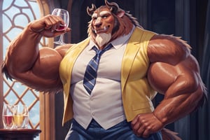 big chest, three-piece suit with line pattern, blue elegant jacket, buttoned light yellow shirt, light yellow tie, Yellow vest with amoeba pattern, blue pants with a yellow stripe, big body, big size muscles, huge pecs, large body, gentleman, drinking a glass of wine, flexing his arm, At a gala, full body, hard blush, white fur, dark fur, red fur, indoors, (smirk), horns, full body, wolf legs, (by adios, by null-ghost), (photorealistic, hyper realistic, ultra detailed, ultra detailed background octane render, soft lighting, ultra detailed), best quality, good quality, beast (/disney/), soft lighting, ultra detailed), best quality, good quality, beast (/disney/),anthro,furry,photography, 8k, hi res,furry girl