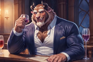 big chest, Navy blue three-piece suit with line pattern, fancy suit, buttoned white shirt, purple ruched cravat tie, Light purple vest with amoeba pattern, navy blue pants, big body, big size muscles, huge pecs, large body, gentleman, drinking a glass of wine, flexing his body, At a gala, full body, hard blush, white fur, dark fur, red fur, indoors, (smirk), horns, full body, wolf legs, (by adios, by null-ghost), (photorealistic, hyper realistic, ultra detailed, ultra detailed background octane render, soft lighting, ultra detailed), best quality, good quality, beast (/disney/), soft lighting, ultra detailed), best quality, good quality, beast (/disney/),anthro,furry,photography, 8k, hi res,furry girl