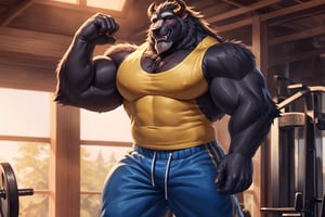 big chest, Navy blue tank tops mens, Navy blue and yellow color gym clothes, yellow gym pants whit a blue line, black gym gloves, big body, big size muscles, huge pecs, large body, flexing his arm, At a gym, full body, hard blush, white fur, dark fur, red fur, indoors, (friendly smile), horns, full body, wolf legs, (by adios, by null-ghost), (photorealistic, hyper realistic, ultra detailed, ultra detailed background octane render, soft lighting, ultra detailed), best quality, good quality, beast (/disney/), soft lighting, ultra detailed), best quality, good quality, beast (/disney/),anthro,furry,photography, 8k, hi res,furry girl