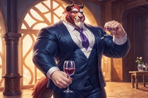 big chest, Navy blue three-piece suit with line pattern, fancy suit, buttoned white shirt, purple ruched cravat tie, Light purple vest with amoeba pattern, navy blue pants, big body, big size muscles, huge pecs, large body, gentleman, drinking a glass of wine, flexing his arm, At a gala, full body, hard blush, white fur, dark fur, red fur, indoors, (smirk), horns, full body, wolf legs, (by adios, by null-ghost), (photorealistic, hyper realistic, ultra detailed, ultra detailed background octane render, soft lighting, ultra detailed), best quality, good quality, beast (/disney/), soft lighting, ultra detailed), best quality, good quality, beast (/disney/),anthro,furry,photography, 8k, hi res,furry girl