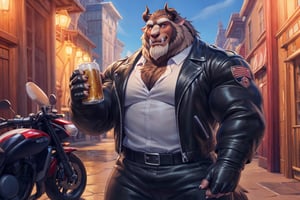 big chest, biker jacket, white polo shirt, dark brown jacket, hairy chest, dark gray fighting gloves, a motorcycle behind him, black motorcycle, navy blue pants, black belt, big body, big size muscles, huge pecs, large body, drinking a can of beer, flexing his body, At a street, full body, hard blush, white fur, dark fur, red fur, indoors, (smirk), horns, full body, wolf legs, (by adios, by null-ghost), (photorealistic, hyper realistic, ultra detailed, ultra detailed background octane render, soft lighting, ultra detailed), best quality, good quality, beast (/disney/), soft lighting, ultra detailed), best quality, good quality, beast (/disney/),anthro,furry,photography, 8k, hi res,furry girl