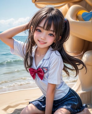 (masterpiece,best quality:1.4),(8k,raw photo,photo realistic:1.2),(shiny skin),detailed skin,detailed face,detailed eyes, 

Japanese girl, 10yo, (cute hairstyle),  8k, photograph,  joyfully, dynamic angle, dynamic pose,
(loli, flat chest:1.3)

long hair

((A girl in front of a large heart-shaped sculpture:1.3))
kneeling
(from side:1.2), 
(school uniform)
cafe
"Create an image of cute girls playing at the seaside in summer. Capture scenes of sandcastle building and waving to the waves."



smile



 cute 
slender