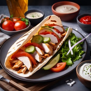 chicken fillet doner kebab, food photography, Eve3D,nodf_lora,SAM YANG,guweiz style, 2.5D