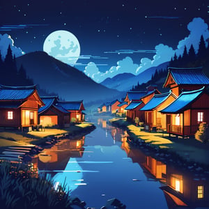 village, night, landscape photography,Flat vector art,Eve3D,nodf_lora,SAM YANG,guweiz style,Vector illustration