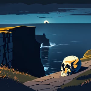 Cliffs of Moher, human skull suicide vibe, night, empty, landscape photography,Flat vector art,Eve3D,nodf_lora,SAM YANG,guweiz style,Vector illustration