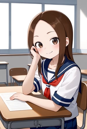 1girl, source_anime, aatakagi, solo, long hair, brown hair, parted bangs, collarbone, serafuku, sailor collar, red neckerchief, white shirt, short sleeves, pleated skirt, blue skirt, classroom, sitting, on chair, from side, looking at viewer, hand on own face, desk, smile, elbow on table,flushing, happy,

