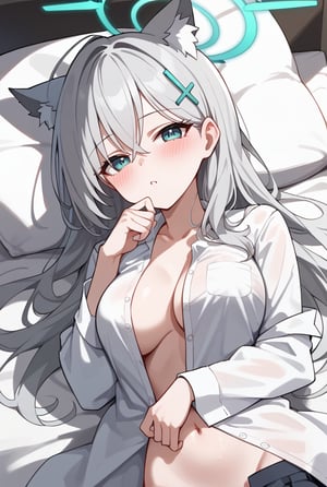 1girl, Lying on bed, White shirt, Unbuttoned shirt, Blushing, Long silver hair, Cat ears, Halo, Hairclip, Looking at viewer, Bedroom background,shiroko terror \(blue archive\),score_9, score_8_up, score_7_up, score_6_up, score_5_up, score_4_up,