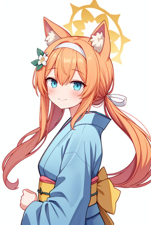 best quality, masterpiece, highres, solo, {yukata:1.40}, {kimono:1.20}, {mari_bluearchive:1.15}, long_hair, orange_hair, flower, blue_eyes, halo, bangs, blush, animal_ears, hair_ornament, animal_ear_fluff, hair_flower, smile, hairband, white_hairband, hair_between_eyes