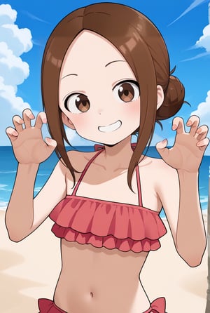 1girl,source_anime, aatakagi, solo, brown hair single hair bun, parted bangs, frilled bikini, pink bikini, hands up, claw pose, smile, beach, sky, collarbone