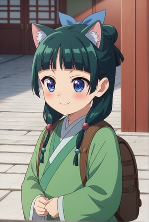 1girl, maomao, ((masterpiece, best quality)), (hyper detailed, detailed background), solo, green hair, long hair, blue eyes, BREAK :3, backpack, bag, blunt bangs, blush, cat ears, long sleeves, smile, chibi, freckles, light green hanfu, default clothes, chinese clothes, wide sleeves, default hairstyle, hair bun, hair ribbon, blue ribbon, sidelocks, hair beads, half updo, hair over shoulder, excited, low twintails, BREAK score_9, score_8_up, score_7_up, score_6_up, anime, BREAK (high quality, detailed, beautiful), shiny, detailed beautiful eyes, outstanding, countershading, detailed soft lighting