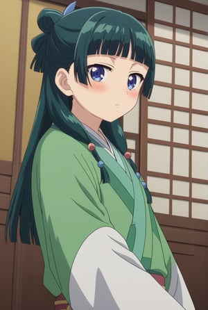 source_anime, ((masterpiece, best quality)), (hyper detailed, detailed background), 1girl, solo, maomao, long hair, bangs, blue eyes, hair ornament, green hair, blunt bangs, freckles, hair bun, single hair bun, japanese clothes, indoors, on side, looking at viewer, cowboy shot, dutch angle, blush