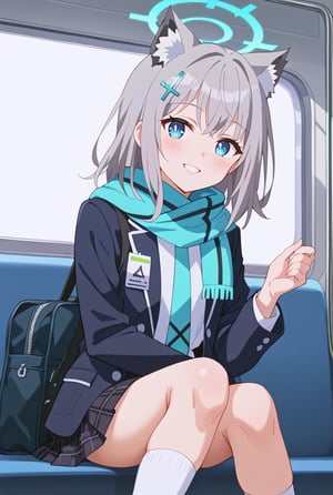 shiroko_\(blue_archive\),1girl, solo, green_gloves, white_shirt, train_interior, looking_at_viewer, hair_ornament, blue_scarf, mismatched_pupils, blue_jacket, open_jacket, sitting, animal_ear_fluff, pleated_skirt, halo, long_sleeves, school_bag, plaid_skirt, parted_lips, school_uniform, white_socks, black_skirt, single_glove, blue_necktie, blazer, gorgeous,key visual, vibrant, studio anime,award-winning, professional, highly detailed,high budget, cinemascope
,blush,happy,blush,happy,blush,happy,blush,happy,close_mouth