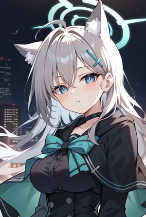 BLUE EYES, GREY HAIR, HAIRCLIP, LONG HAIR, ANIMAL EARS, HALO, BLACK CHOKER, BLACK CAPELET, BLACK DRESS, WIDE SLEEVES, BLACK GLOVES, 1girl, portrait, looking_at_viewer, striped_scarf, blue_eyes, mismatched_pupils, polka_dot_background, shiroko-terror,, shiroko terror \(blue archive\), score_9, score_8_up, score_7_up, score_6_up, score_5_up, score_4_up,