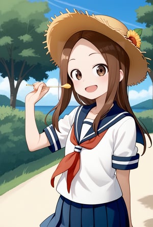 1girl, source_anime, aatakagi, solo, long hair, brown hair, parted bangs, collarbone, serafuku, sailor collar, red neckerchief, white shirt, short sleeves, pleated skirt, blue skirt, standing, cowboy shot, smile, outdoors,flushing, happy, open mouth, straw hat