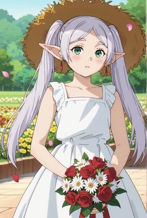 score_9, score_8_up, score_7_up, 1girl, FrierenSSnF, ((masterpiece, best quality)), (hyper detailed, detailed background), 1girl, solo, grey hair, long hair, green eyes, twintails, parted bangs, earrings, pointy ears, sundress, sun flower garden, straw hat, blush,anime screencap,score_anime, (falling petals:1.2), (holding bouquet:1.4), (cowboy_shot:1.4)