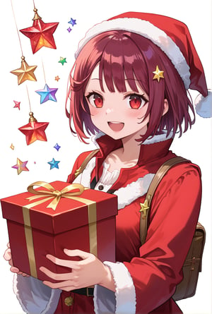 score_9, 1girl, sophieatelier, ((masterpiece, best quality)), (hyper detailed, detailed background), expressive eyes, perfect face, red santa outfit, holding red santa gift bag, simple background, white background, colorful light effects, glowing stars, festive atmosphere, magical sparkles, happy expression, short hair, blush, view from down, upper body