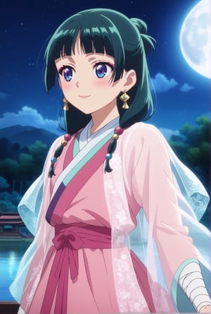 1girl, maomao, ((masterpiece, best quality)), (hyper detailed, detailed background), solo, green hair, long hair, blue eyes, BREAK blunt bangs, earrings, jewelry, looking up, night, moon, starry sky, wide sleeves, frills, frilled dress, pink dress, white frills, purple frills, pink ribbon, pink skirt, bandaged arm, straight hair, hair over shoulder, hair beads, dancer dress, pink see-through shawl, makeup, pink eyeliner, looking to the side, low twintails, full body, BREAK score_9, score_8_up, score_7_up, score_6_up, anime, BREAK (high quality, detailed, beautiful), shiny, detailed beautiful eyes, outstanding, countershading, detailed soft lighting, score_anime, anime screencap, ((upper body)), ((dynamic pose)), serene lake, reflecting moonlight, floating lotus flowers, calm waters, misty surroundings, tranquil atmosphere, happy, smile, blush