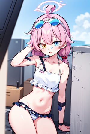 1girl, shoshino, halo, low twintails, eyewear on head, bikini,head rest,  amber-half-eye, blue-half-eye, pink hair, heavy-lidded eyes