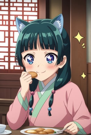 1girl, maomao, ((masterpiece, best quality)), (hyper detailed, detailed background), solo, green hair, long hair, blue eyes, maomao, animal ears, blunt bangs, shaded face, freckles, BREAK + +, ^^^, parkle, sparkle background, star (symbol), symbol-shaped pupils, sparkling eyes, light green hanfu, default clothes, chinese clothes, long sleeves, default hairstyle, hair ribbon, blue ribbon, sidelocks, hair beads, hair over shoulder, low twintails, anime, (high quality, detailed, beautiful), shiny, detailed beautiful eyes, outstanding, countershading, detailed soft lighting, smiling, eating foods, calm expression, seated in traditional Chinese room, wooden table, background with sliding doors and traditional curtains, warm lighting, peaceful atmosphere, lightly blushed cheeks, mid-bite, slightly tilted head, shiny