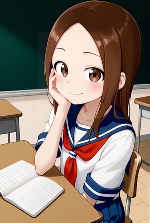 1girl, source_anime, aatakagi, solo, long hair, brown hair, parted bangs, collarbone, serafuku, sailor collar, red neckerchief, white shirt, short sleeves, pleated skirt, blue skirt, classroom, sitting, on chair, from side, looking at viewer, hand on own face, desk, smile, elbow on table,

