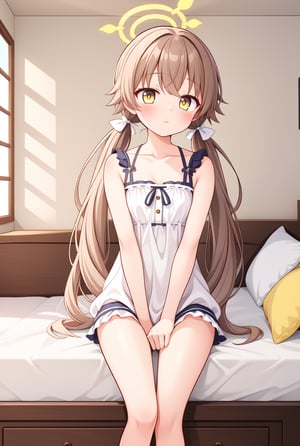 1girl, solo, (masterpiece, best quality), indoors, bedroom, blush, thighs, hifumi, yellow eyes, light brown hair, bangs, long hair, low twintails, tied, hair ribbon, halo, standing, sleepwear, arms between legs, small breasts, expressionless, sitting