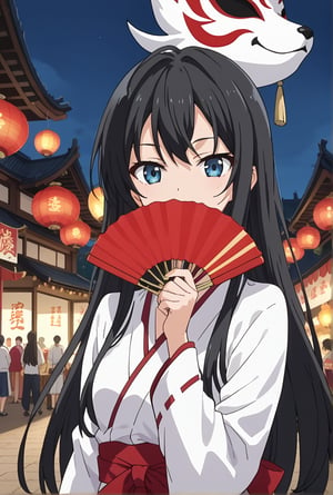 score_9, source_anime, anime screencap, anime coloring, BREAK1girl, solo, shiyukino, long hair, black hair, blue eyes, traditional miko attire, wearing a festival mask on her head, standing at a festival stall, glowing lanterns in the background, a slight smile on her face, holding a festival snack in one hand, beautiful_female_fingers, white haori and red hakama, serene festival atmosphere, (close up face:1.4)
