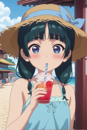 score_9, score_8_up, score_7_up, score_6_up, source_anime, 1girl, maomao, ((masterpiece, best quality)), (hyper detailed, detailed background), long hair, bangs, blue eyes, hair ornament, green hair, blunt bangs, freckles, hair bun, sundress, beach, straw hat, drinking, (strawberry:0.5), drinking straw, blush,anime screencap,score_anime