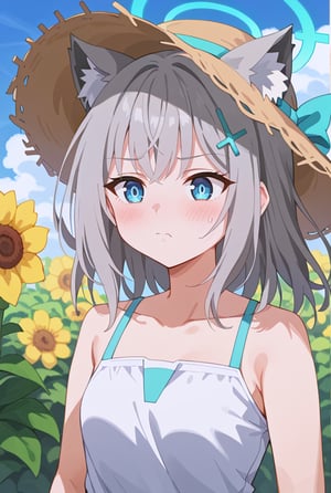 score_9, 1girl, solo, sun flower garden, shiroko-default, shiroko \(blue archive\), blue eyes, grey hair, hairclip, animal ears, halo, white onepiece, straw hat, cowboy shot, bright background, flushing,blush,embarassed,mouth_open, 