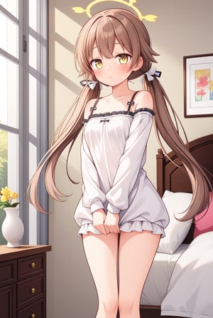 1girl, solo, (masterpiece, best quality), indoors, bedroom, blush, thighs, hifumi, yellow eyes, light brown hair, bangs, long hair, low twintails, tied, hair ribbon, halo, standing, sleepwear, arms between legs, small breasts, expressionless