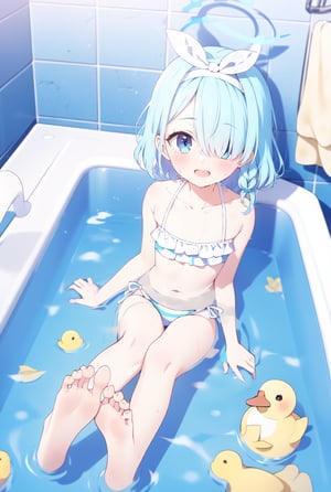 1girl, solo, Arona, blue halo, blue eyes, blue hair, short hair, single braid, hair over one eye, flat chest, white hair bow, white hairband, long hair, looking at viewer, blush, open mouth, collarbone, ahoge, barefoot, indoors, water, feet, wet, toes, heterochromia, halo, soles, happy, partially submerged, tiles, foot focus, bathing, bath, bathroom, bathtub, tile wall, rubber duck, frills bikini, arona (blue archive)