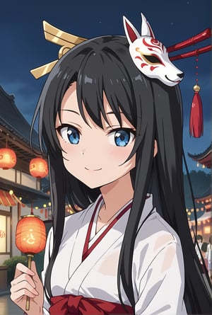 score_9, source_anime, anime screencap, anime coloring, BREAK1girl, solo, shiyukino, long hair, black hair, blue eyes, traditional miko attire, wearing a festival mask on her head, standing at a festival stall, glowing lanterns in the background, a slight smile on her face, holding a festival snack in one hand, beautiful_female_fingers, white haori and red hakama, serene festival atmosphere, (close up face:1.4)
