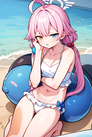 1girl, shoshino, halo, low twintails, eyewear on head, bikini,head rest,  amber-half-eye, blue-half-eye, pink hair, heavy-lidded eyes