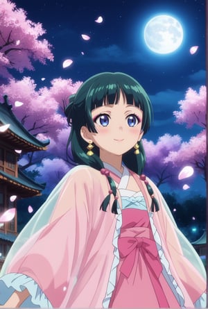 1girl, maomao, ((masterpiece, best quality)), (hyper detailed, detailed background), solo, green hair, long hair, blue eyes, BREAK blunt bangs, earrings, jewelry, looking up, night, moon, starry sky, wide sleeves, frills, frilled dress, pink dress, white frills, purple frills, pink ribbon, pink skirt, bandaged arm, straight hair, hair over shoulder, hair beads, dancer dress, pink see-through shawl, makeup, pink eyeliner, looking to the side, low twintails, full body, BREAK score_9, score_8_up, score_7_up, score_6_up, anime, BREAK (high quality, detailed, beautiful), shiny, detailed beautiful eyes, outstanding, countershading, detailed soft lighting, score_anime, anime screencap, ((upper body)), ((dynamic pose)), serene lake, reflecting moonlight, floating lotus flowers, calm waters, misty surroundings, tranquil atmosphere, happy, smile, blush