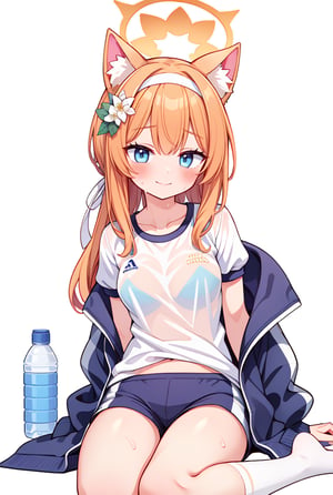 ((masterpiece,best quality)),((white background)),mariTrack, 1girl, mari (blue archive), solo, animal ears, halo, bottle, flower, official alternate costume, hair ornament, hair flower, orange hair, long hair, jacket, gym uniform, water bottle, looking at viewer, blue eyes, hairband, blush, sitting, animal ear fluff, white hairband, holding, sweat, holding bottle, locker, shirt, bangs, white shirt, track jacket, socks, short sleeves, white socks, shorts, buruma,smile, blush, lean forward, (see through), sweat,
