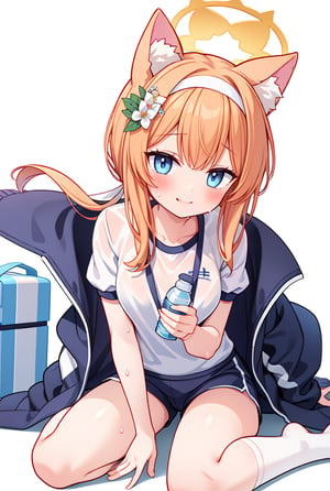 ((masterpiece,best quality)),((white background)),mariTrack, 1girl, mari (blue archive), solo, animal ears, halo, bottle, flower, official alternate costume, hair ornament, hair flower, orange hair, long hair, jacket, gym uniform, water bottle, looking at viewer, blue eyes, hairband, blush, sitting, animal ear fluff, white hairband, holding, sweat, holding bottle, locker, shirt, bangs, white shirt, track jacket, socks, short sleeves, white socks, shorts, buruma,smile, blush, lean forward, (see through), sweat,
