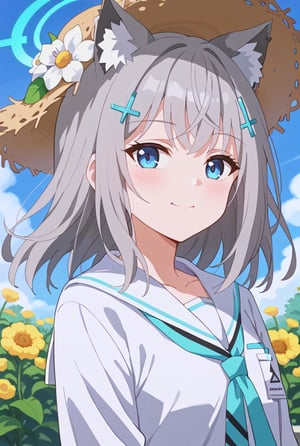 score_9, 1girl, solo, sun flower garden, shiroko-default, shiroko \(blue archive\), blue eyes, grey hair, hairclip, animal ears, halo, white onepiece, straw hat, cowboy shot, bright background, flushing,blush,happy,mouth_open, blue sky