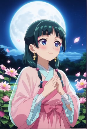 1girl, maomao, ((masterpiece, best quality)), (hyper detailed, detailed background), solo, green hair, long hair, blue eyes, BREAK blunt bangs, earrings, jewelry, looking up, night, moon, starry sky, wide sleeves, frills, frilled dress, pink dress, white frills, purple frills, pink ribbon, pink skirt, bandaged arm, straight hair, hair over shoulder, hair beads, dancer dress, pink see-through shawl, makeup, pink eyeliner, looking to the side, low twintails, full body, BREAK score_9, score_8_up, score_7_up, score_6_up, anime, BREAK (high quality, detailed, beautiful), shiny, detailed beautiful eyes, outstanding, countershading, detailed soft lighting, score_anime, anime screencap, ((upper body)), ((dynamic pose)), serene lake, reflecting moonlight, floating lotus flowers, calm waters, misty surroundings, tranquil atmosphere, happy, smile, blush