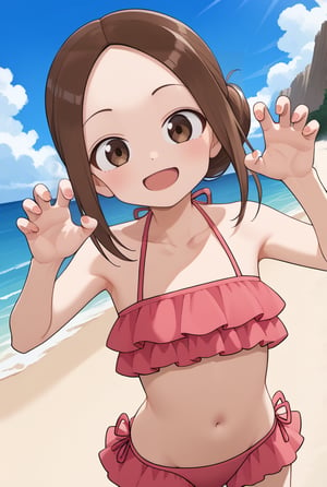 1girl,source_anime, aatakagi, solo, brown hair single hair bun, parted bangs, frilled bikini, pink bikini, hands up, claw pose, smile, beach, sky, collarbone