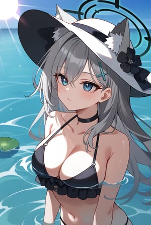 BLUE EYES, GREY HAIR, HAIRCLIP, LONG HAIR, ANIMAL EARS, HALO, BLACK CHOKER, 1girl, Black bikini, Sun hat, Flower on hat, Long silver hair, Cat ears, Halo, Hairclip, In water, Sunlight reflection, Hand on hat, Looking up, Water background, Sunny day,shiroko terror \(blue archive\)