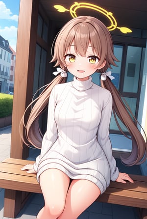 1girl, solo, (masterpiece, best quality), outdoors, city, blush, thighs, hifumi, yellow eyes, light brown hair, bangs, long hair, low twintails, tied, hair ribbon, halo, standing, small breasts, expressionless, ribbed swetaer, turtleneck, sweater dress, smile, sitting