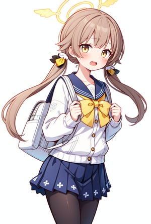 ((masterpiece,best quality)),(illustration),1girl, hifumi (blue archive), solo, halo, twintails, bag, blush, pantyhose, simple background, school uniform, backpack, open mouth, low twintails, black pantyhose, skirt, looking at viewer, long hair, light brown hair, sailor collar, brown hair, yellow eyes, long sleeves, collarbone, white background, holding strap, brown eyes, blue skirt