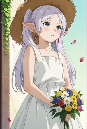 score_9, score_8_up, score_7_up, 1girl, FrierenSSnF, ((masterpiece, best quality)), (hyper detailed, detailed background), 1girl, solo, grey hair, long hair, green eyes, twintails, parted bangs, earrings, pointy ears, sundress, sun flower garden, straw hat, blush,anime screencap,score_anime, (falling petals:1.2), (holding bouquet:1.4), (cowboy_shot:1.4)